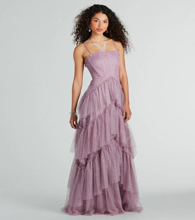 Saylor Formal Glitter Tulle A-Line Long Dress Product Image