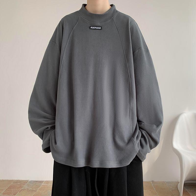 Long-Sleeve Mock Neck Plain Applique T-Shirt Product Image