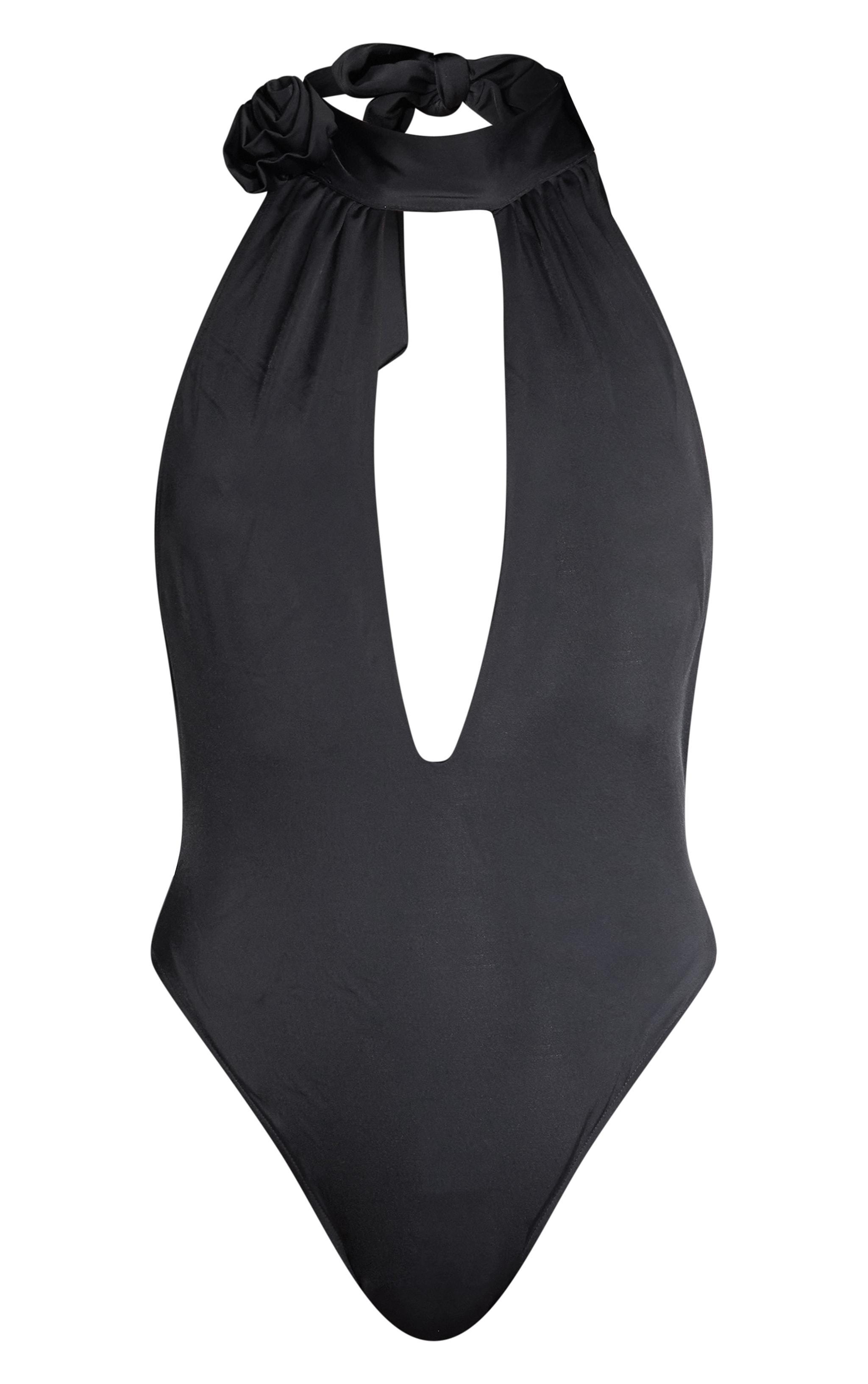 Black Halter Neck Flower Trim Cut Out Swimsuit Product Image