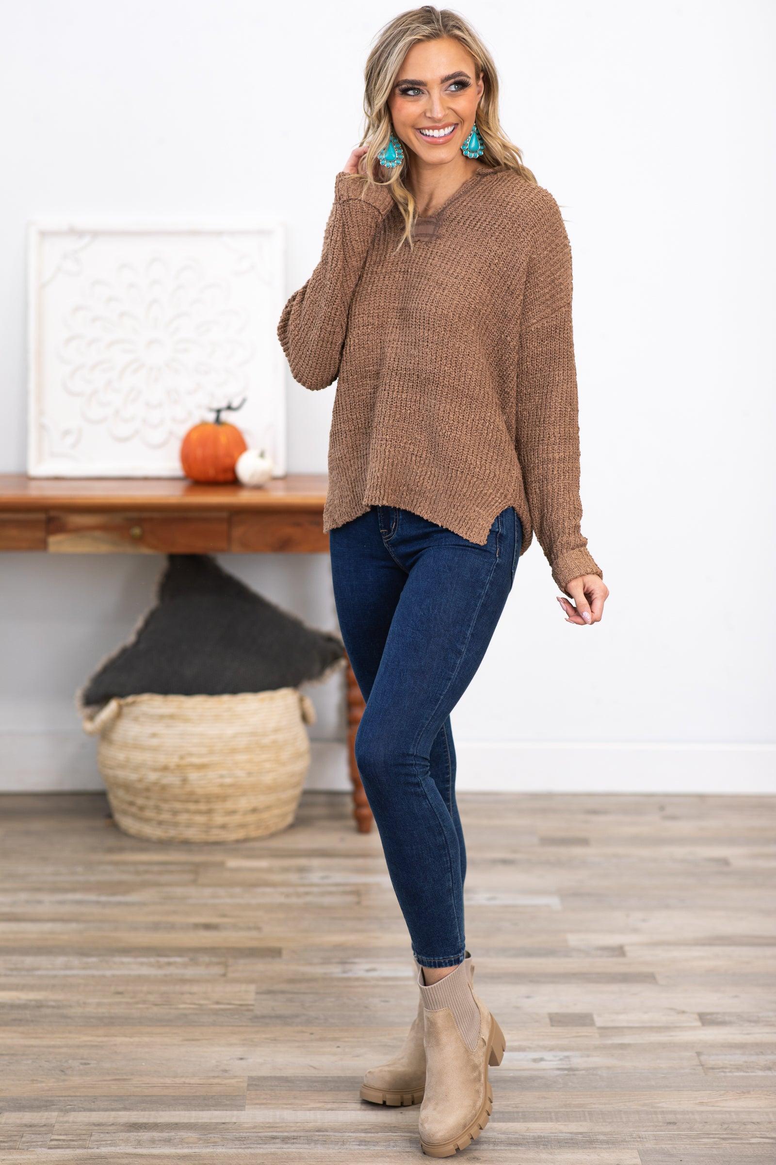 Mocha Cuff Sleeve Notch Neck Sweater Product Image