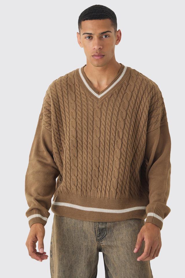 Oversized Boxy Cable Knit V Neck Sweater | boohooMAN USA Product Image