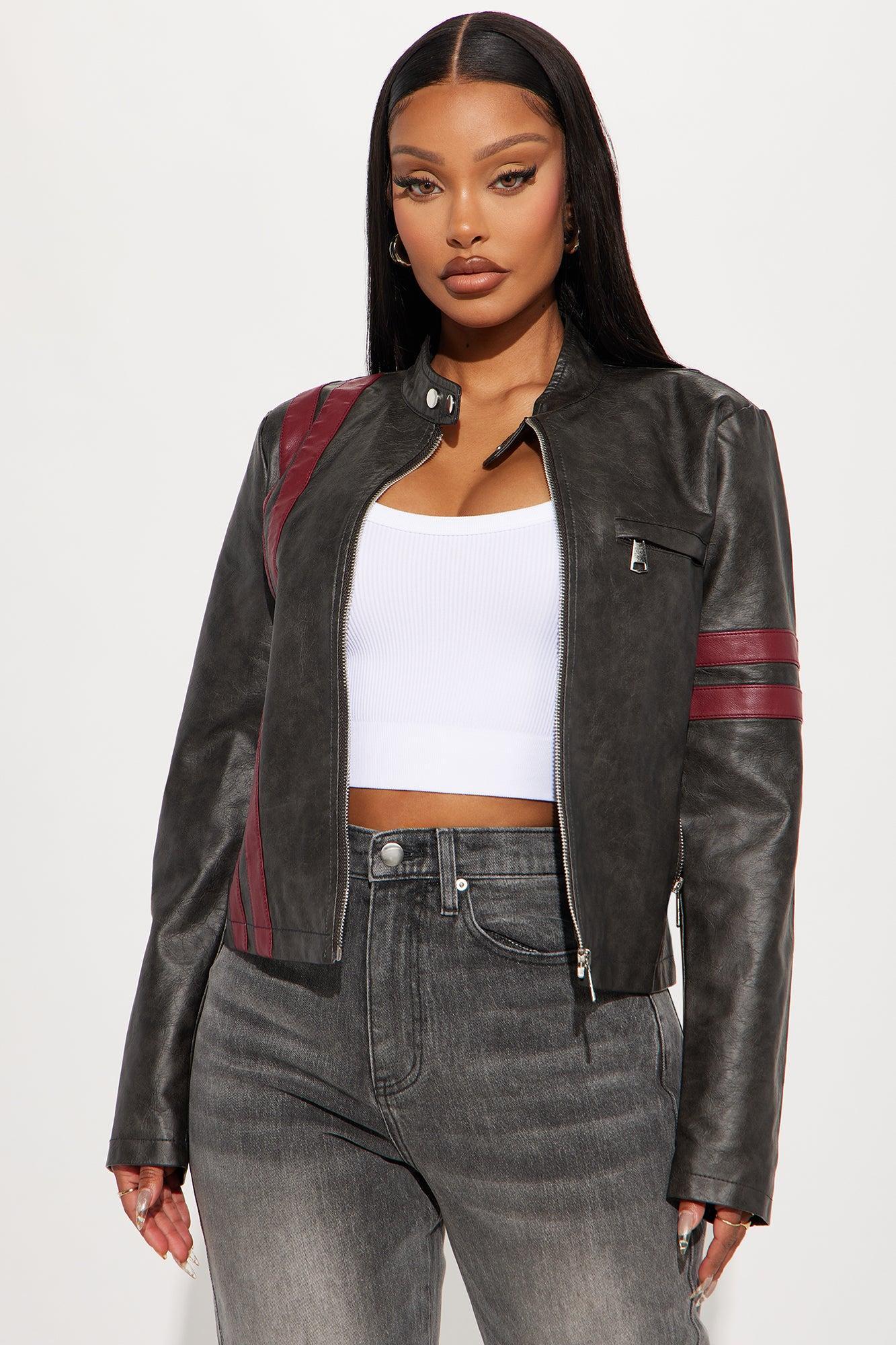 Leanna Washed Faux Leather Jacket - Black/Red Product Image