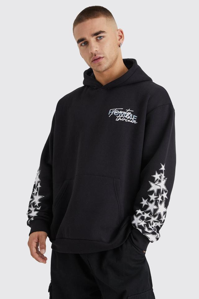 Mens Black Oversized Star Graffiti Print Hoodie, Black Product Image