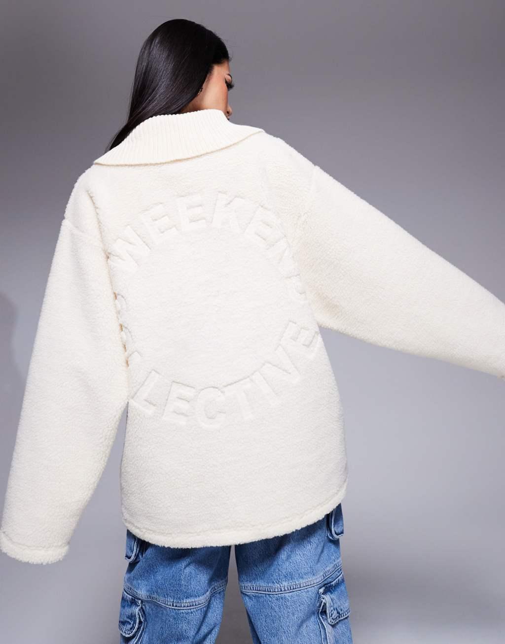 Weekend Collective ribbed neck zip up borg with embossed back in cream Product Image