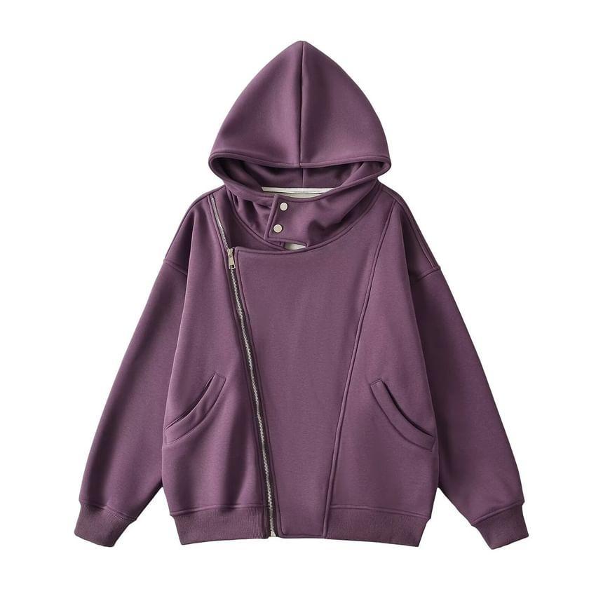 Long-Sleeve Asymmetrical Plain Zip Detail Hoodie Product Image