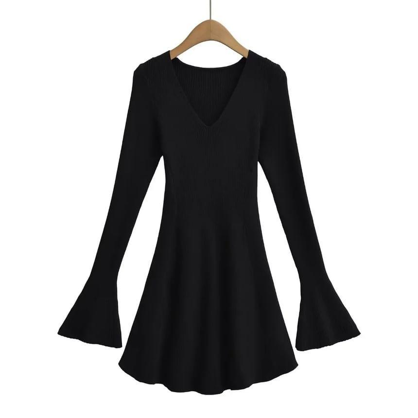 Flare-Sleeve V-Neck Plain Knit Mini A-Line Dress Product Image