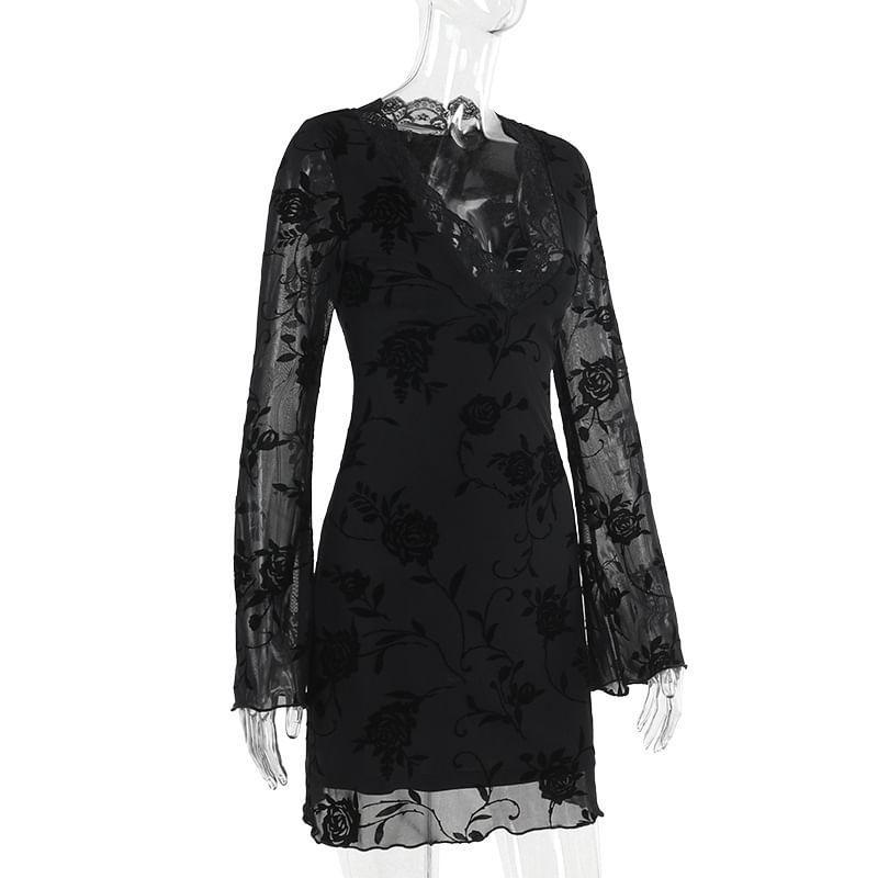 Long Sleeve V Neck Floral Lace Bodycon Mini Dress Product Image