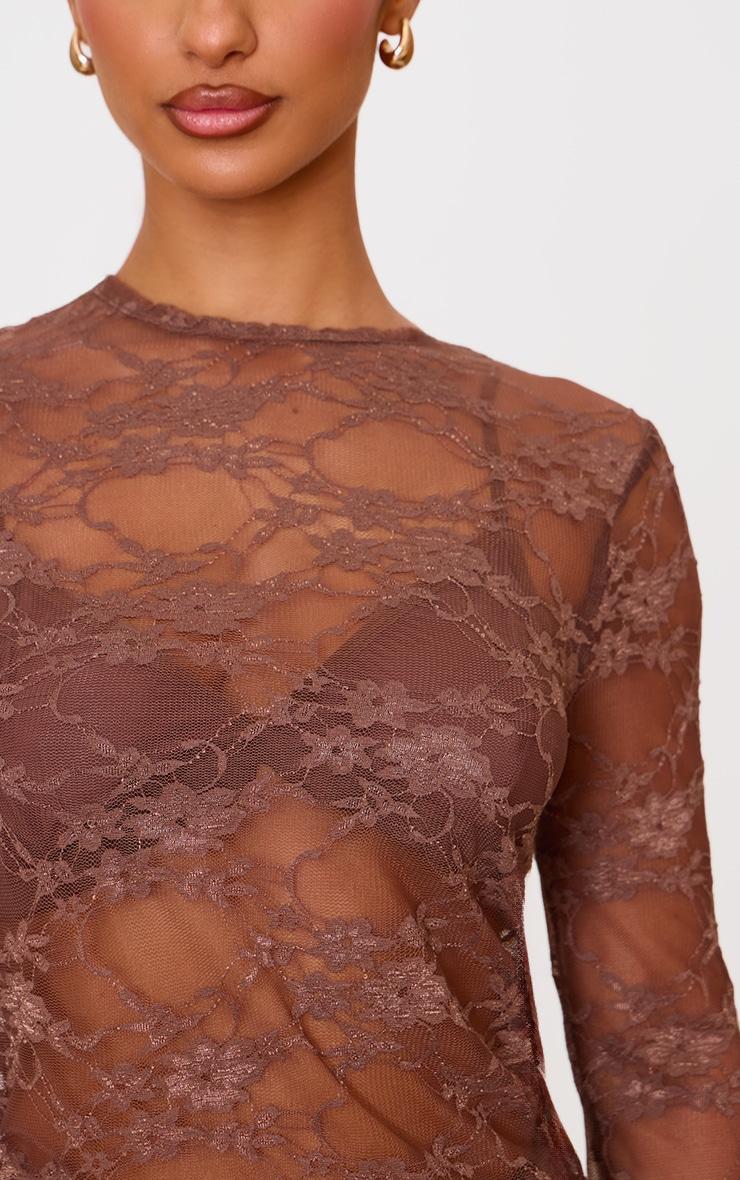 Petite Brown Long Sleeve Lace Top Product Image