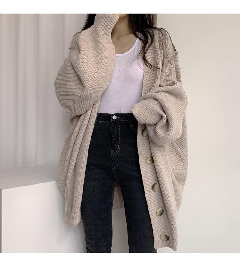 Balloon Sleeve V-Neck Plain Cardigan Product Image