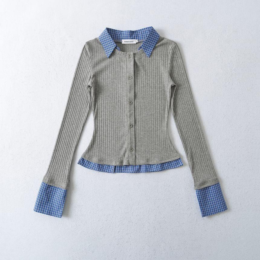 Mock Two-Piece Long-Sleeve Gingham Collar Button-Up Tee Product Image