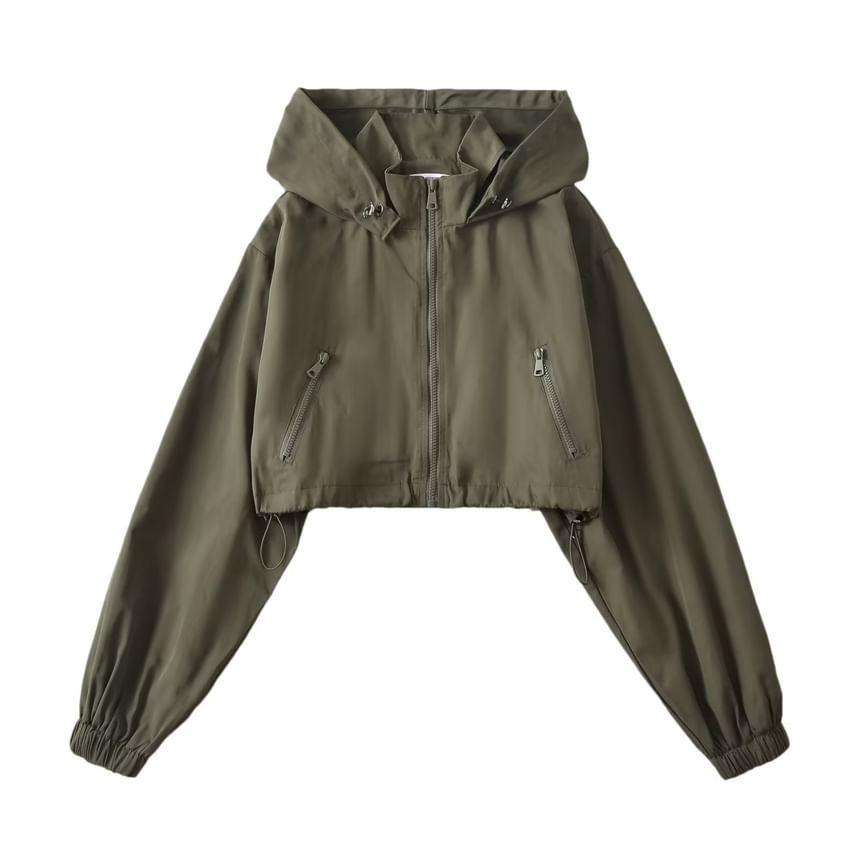 Plain Drawstring Crop Zip Jacket Product Image