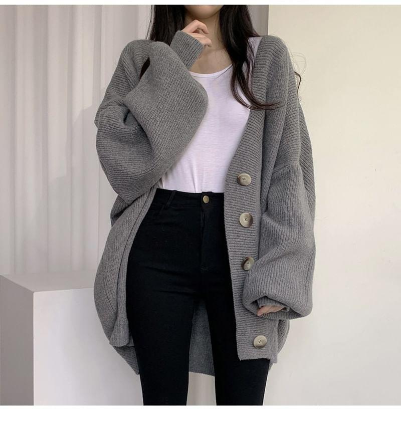 Balloon Sleeve V-Neck Plain Cardigan Product Image