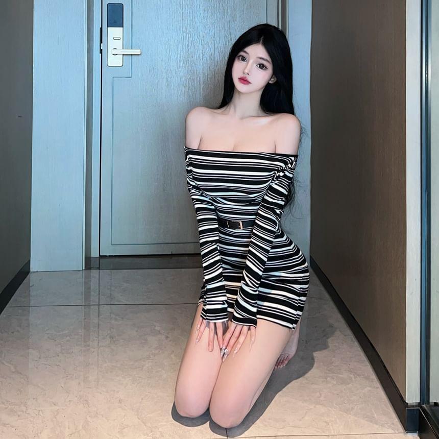 Long Sleeve Off Shoulder Striped Mini Sheath Dress Product Image