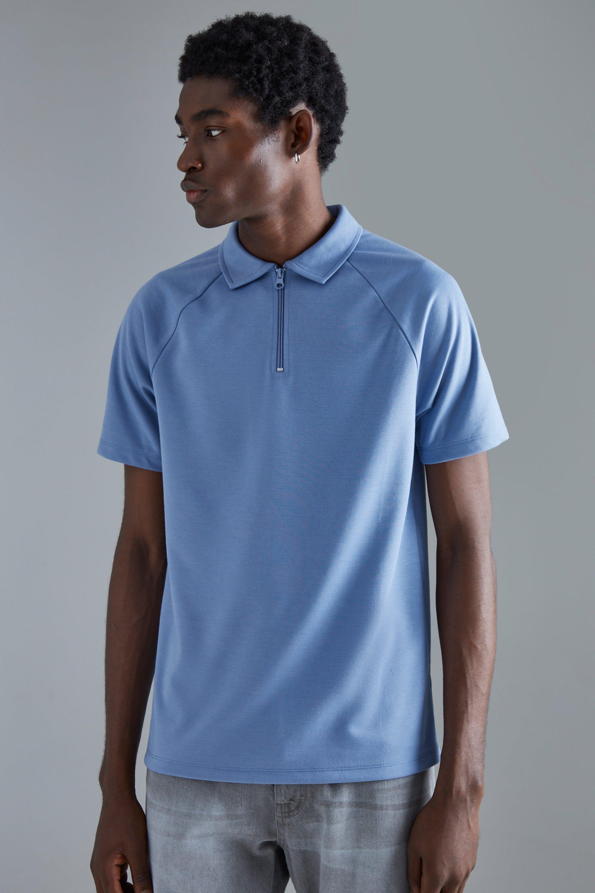 Slim Raglan Zip Neck Interlock Golf Polo | boohooMAN USA Product Image