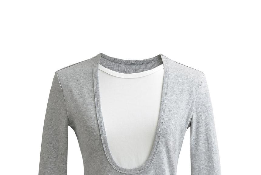 Long Sleeve Round Neck Two Tone Crop Tee Product Image