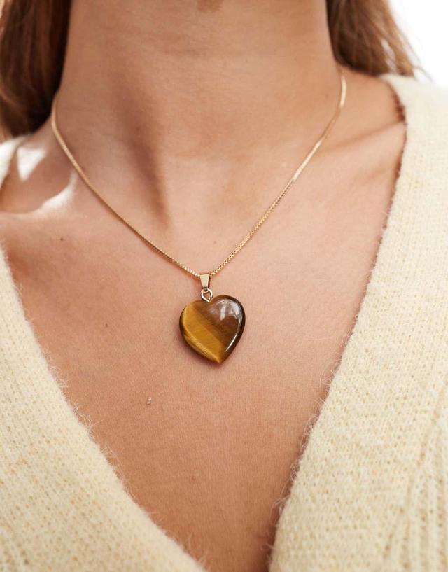 ASOS DESIGN necklace with tiger eye style heart pendant in gold tone Product Image