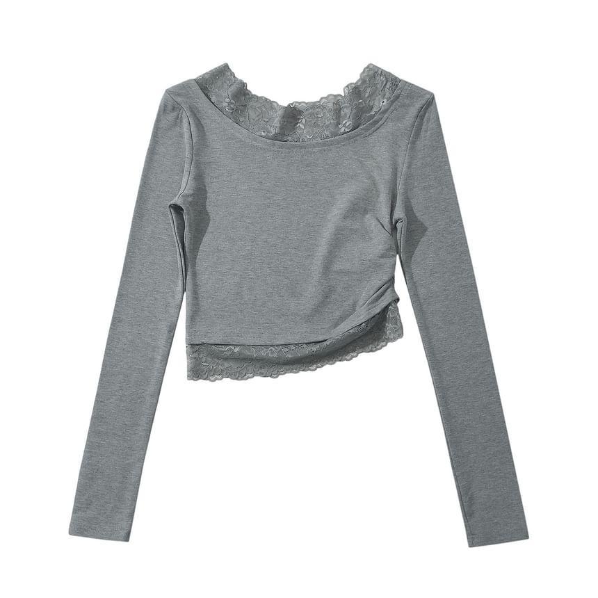 Long-Sleeve Cowl Neck Plain Lace Trim Tee Product Image