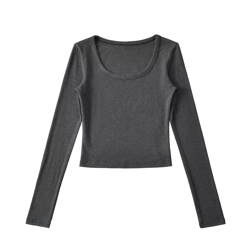 Long Sleeve Scoop Neck Plain Cropped T-Shirt Product Image