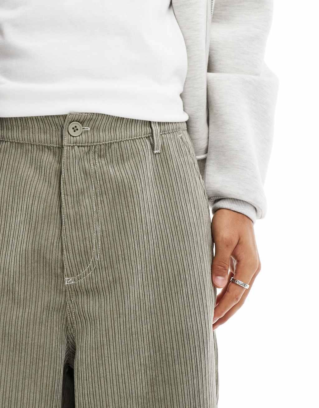 ASOS DESIGN super baggy cord pants in green with contrast stitch Product Image