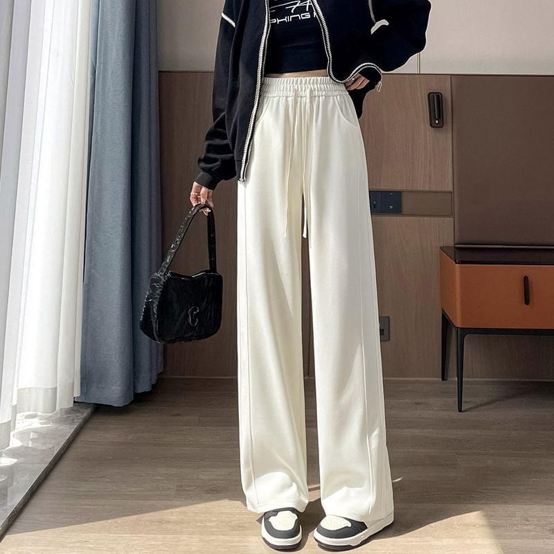 Drawstring Waist Plain Panel Wide Leg Sweatpants Product Image