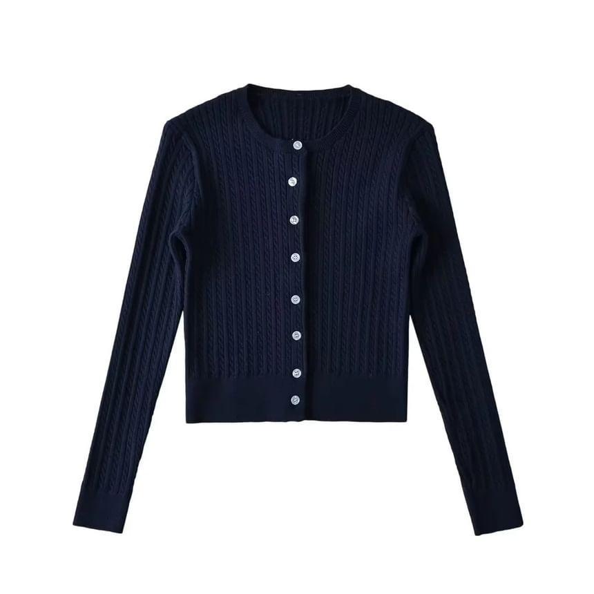 Round Neck Plain Cable Knit Cardigan Product Image