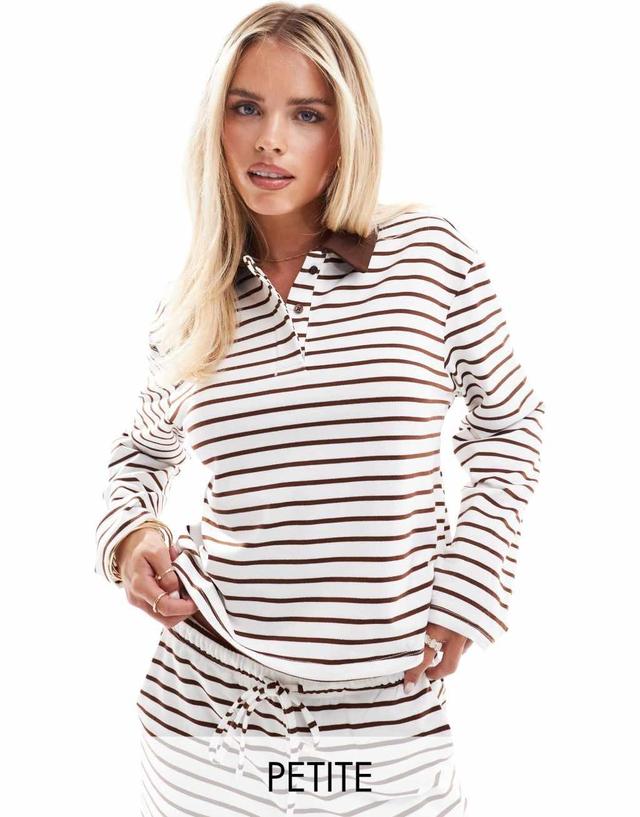 Vero Moda Petite jersey polo top in cream and brown stripe - part of a set Product Image