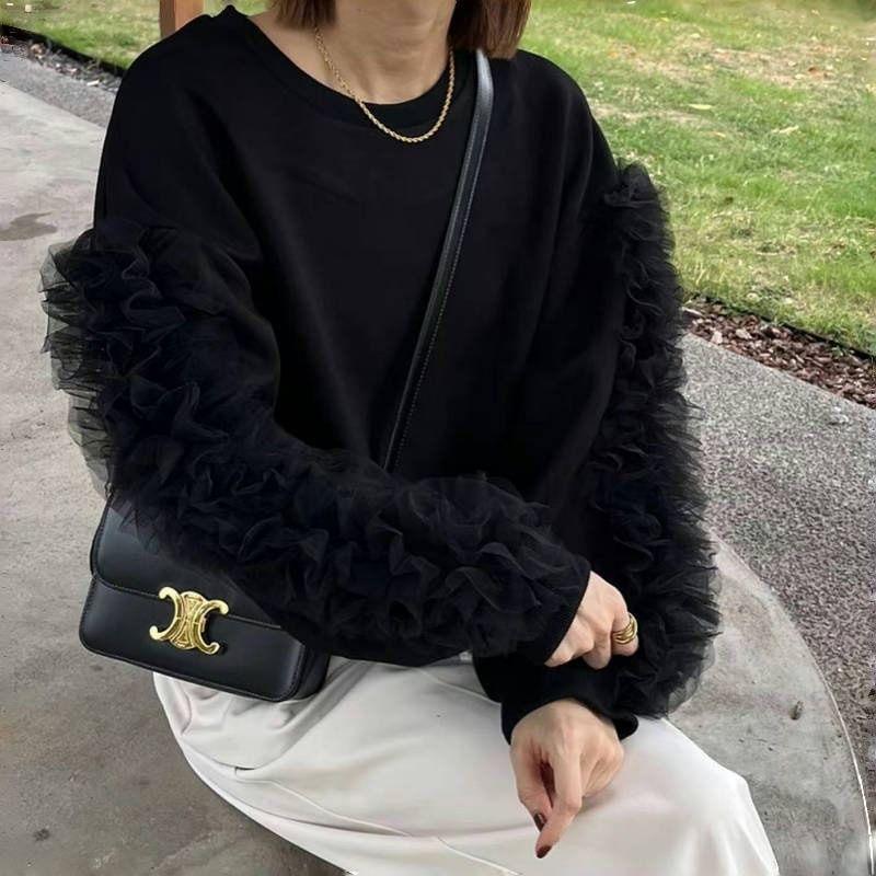 Drop Shoulder Ruffle Trim Sleeve Round Neck Oversized Sweatshirt Product Image