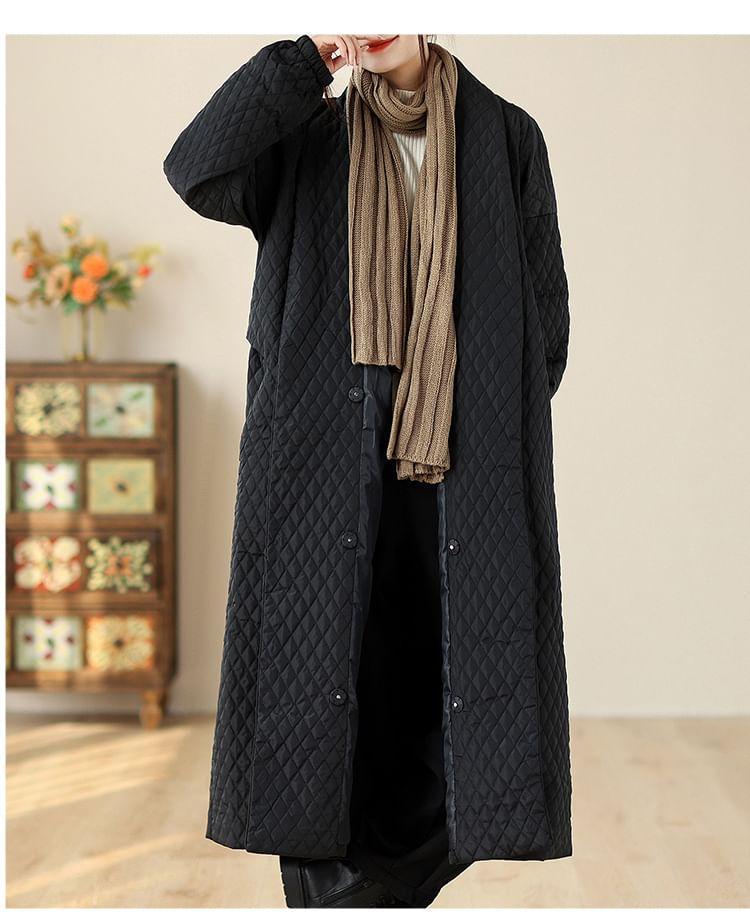 Plain Quilted Button-Up Long Coat Product Image