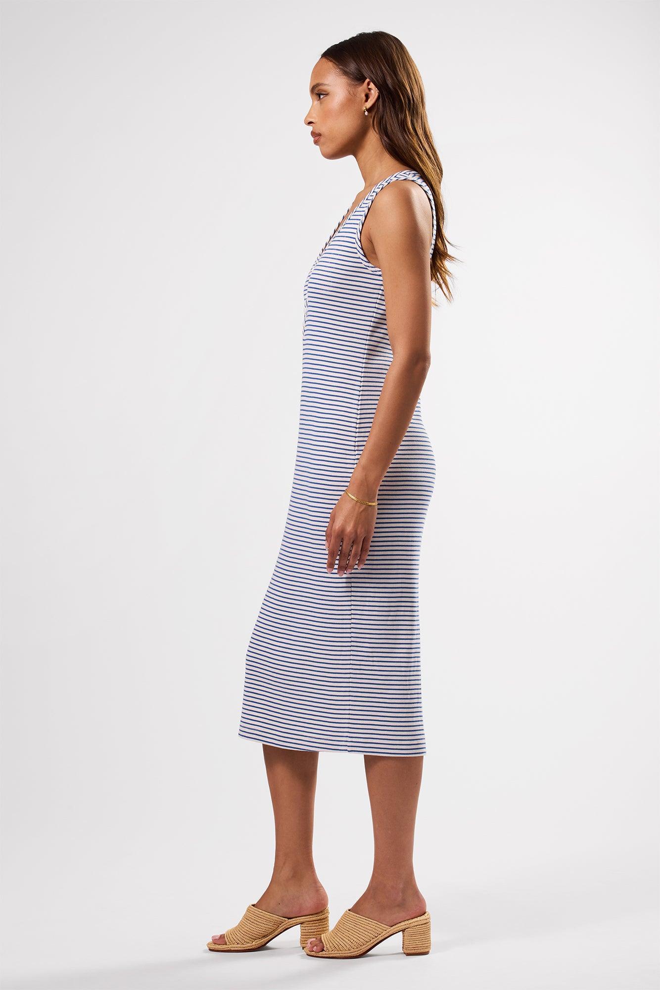 Deacon Organic Cotton Modal Rib Dress - Cannes Stripe Natural Aegean Blue Product Image