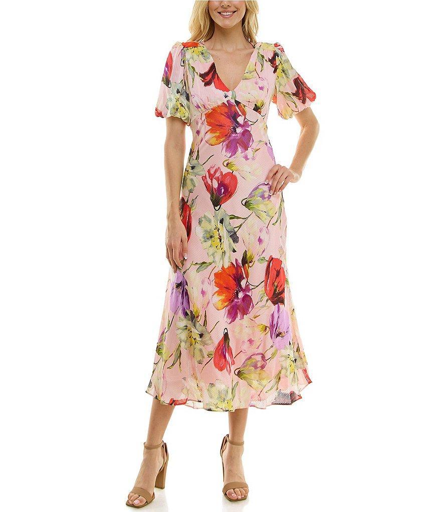 Taylor Floral Print Satin V-Neck Short Flutter Sleeve Dress Product Image