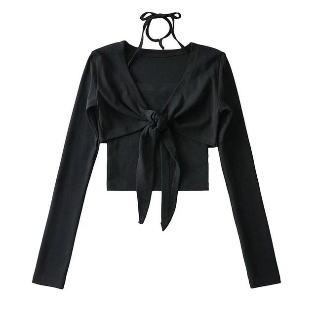 Set: Long-Sleeve V-Neck Plain Tie Front Crop Top + Camisole Top Product Image