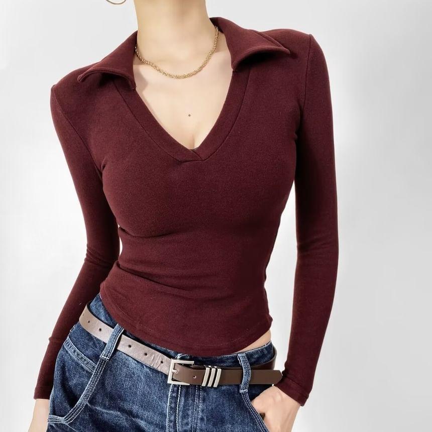 Long Sleeve V-Neck Plain Slim-Fit Polo Top Product Image