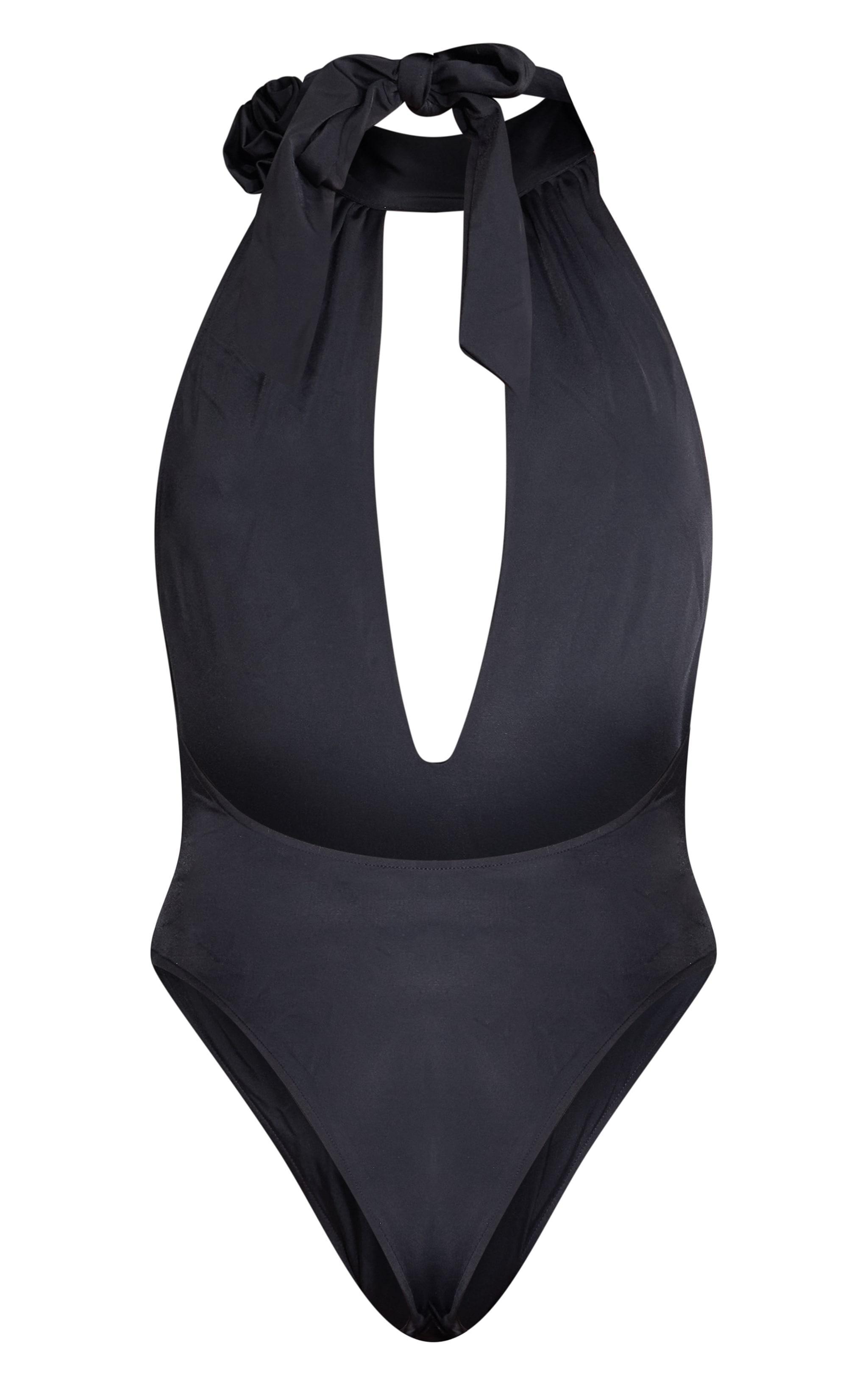 Black Halter Neck Flower Trim Cut Out Swimsuit Product Image