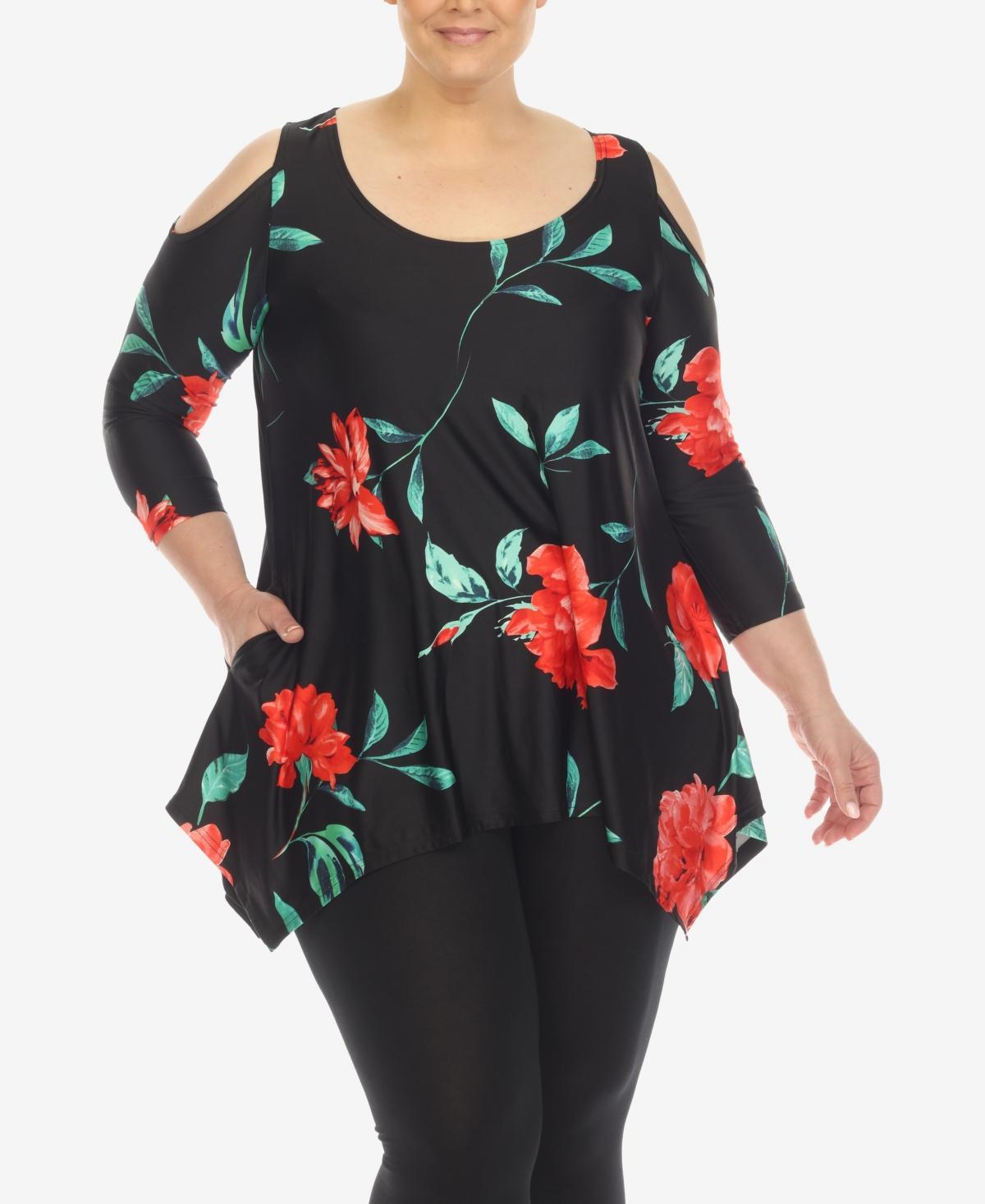 White Mark Plus Size Floral Printed Cold Shoulder Tunic Top - White Product Image