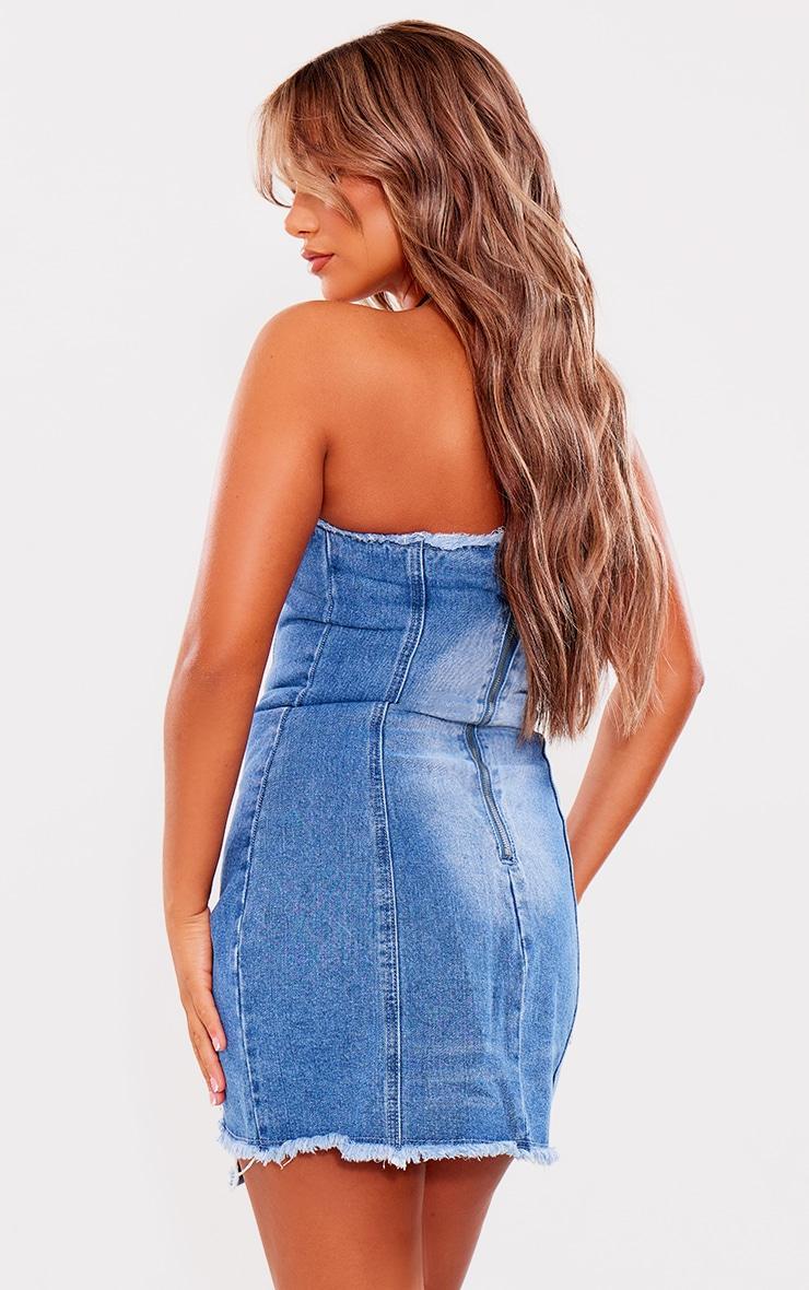 Mid Blue Wash Raw Edge Split Detail Denim Bandeau Mini Dress Product Image