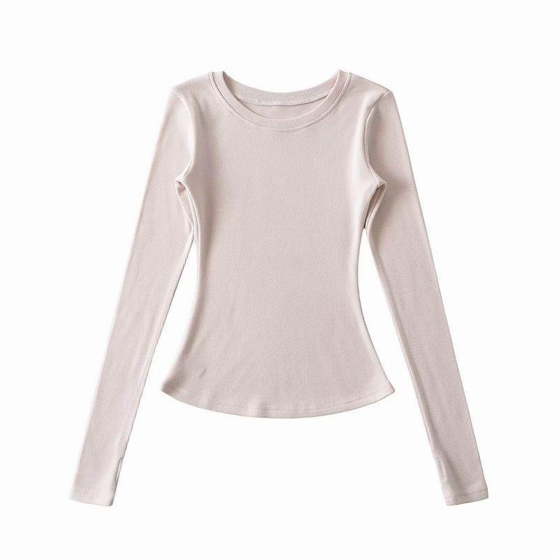 Long-Sleeve Round Neck Plain Slim Fit Tee Product Image