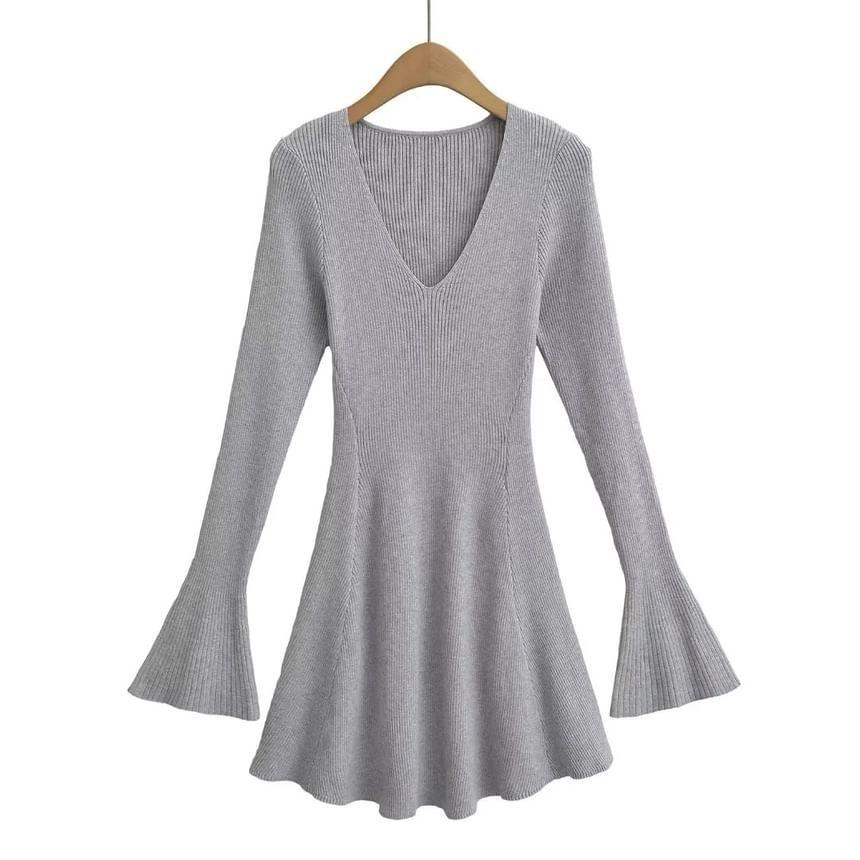 Flare-Sleeve V-Neck Plain Knit Mini A-Line Dress Product Image