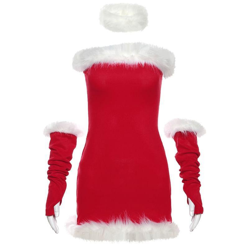 Christmas Party Costume Set: Halter Neck Fluffy Trim Mini Bodycon Dress + Arm Sleeves Product Image