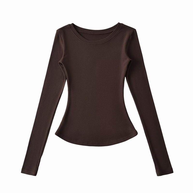 Long-Sleeve Round Neck Plain Slim Fit Tee Product Image