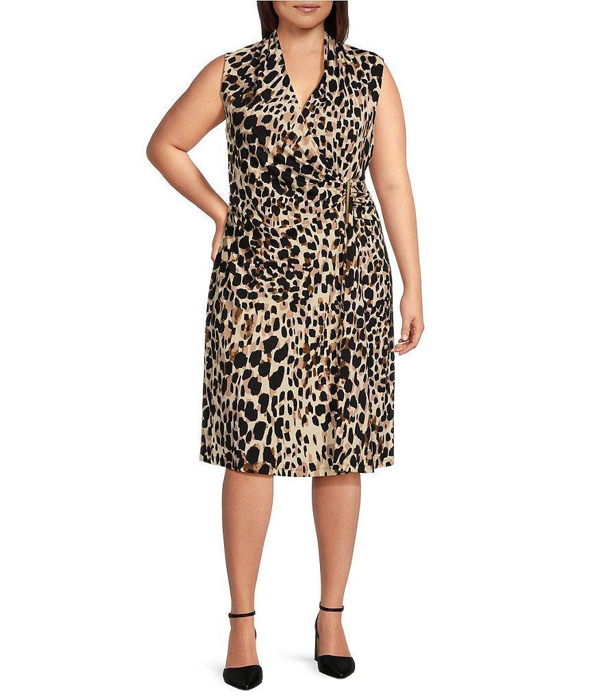 Donna Karan Plus Size Filament Jersey Cheetah Print V-Neck Sleeveless Faux Wrap Dress Product Image