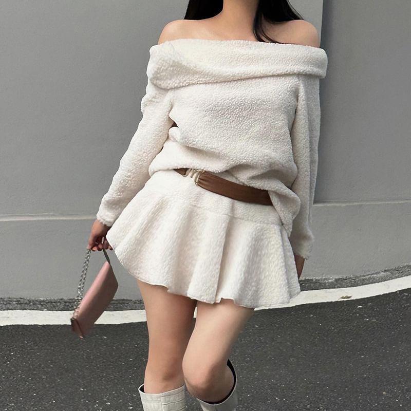 Set: Off-Shoulder Plain Sweater + Mid Waist Mini A-Line Skirt Product Image