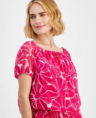 Petite Printed Puff-Sleeve Top, Created for Macy's Product Image