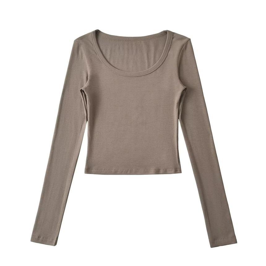 Long Sleeve Scoop Neck Plain Cropped T-Shirt Product Image