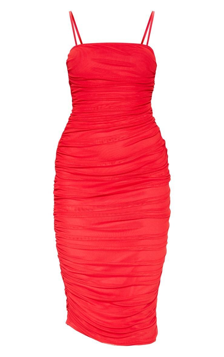 Red Strappy Mesh Ruched Midaxi Dress Product Image