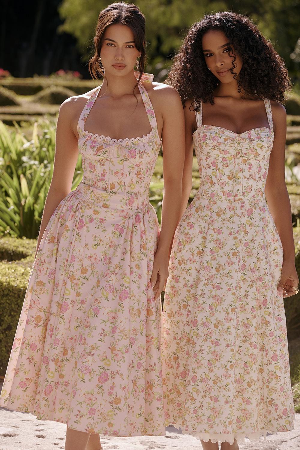 Adabella Pink Meadow Print Cotton Halter Midi Sundress Product Image