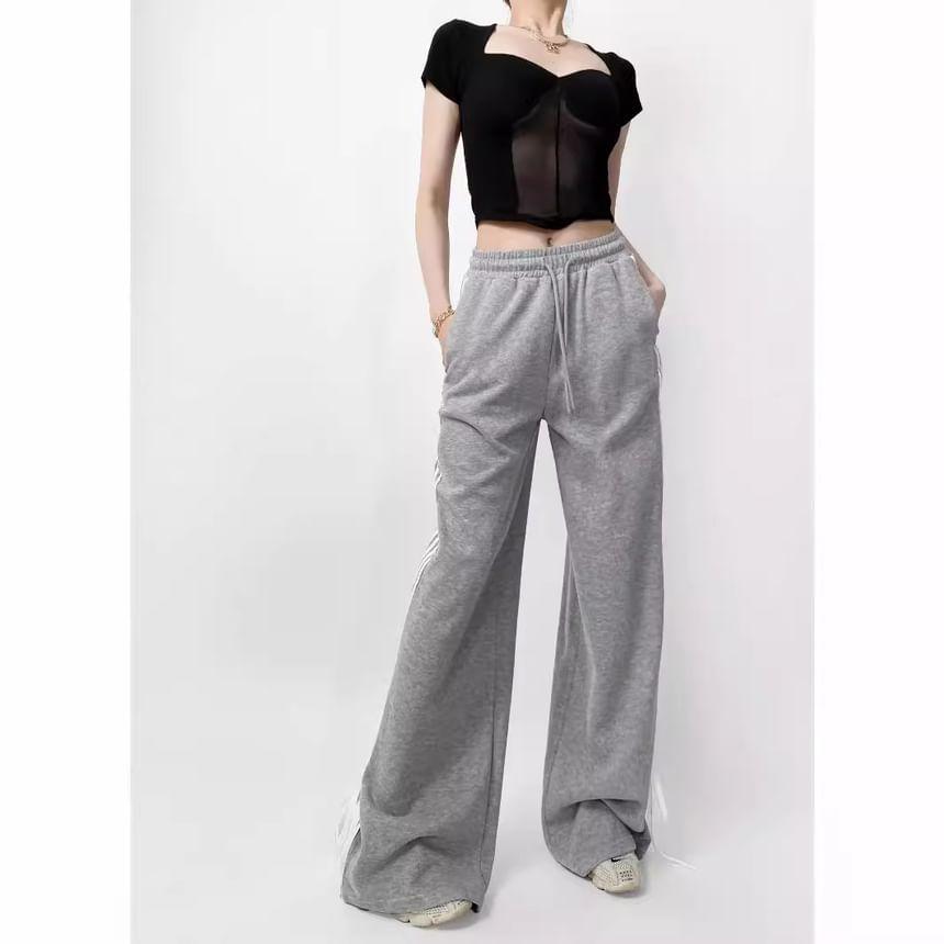 Drawstring Waist Bow Accent Striped Trim Wide Leg Sweatpants Product Image