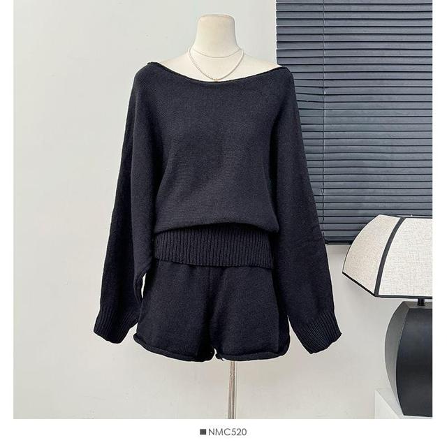 Set: One-Shoulder Loose Knit Top + High-Waist Shorts Product Image