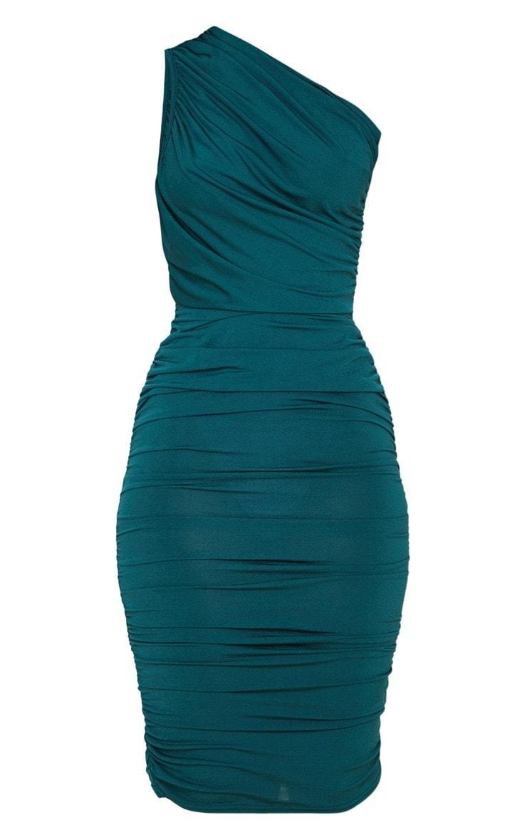 Emerald Green Slinky One Shoulder Ruched Longline Midi Dress Product Image