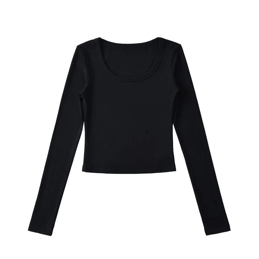 Long Sleeve Scoop Neck Plain Cropped T-Shirt Product Image