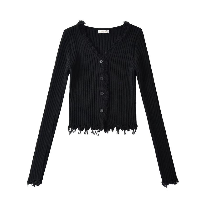 Long Sleeve V-Neck Plain Ribbed-Knit Tassel Slim-Fit Cardigan Product Image